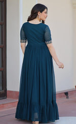Dazzling Teal Color Blooming Fabric Gown