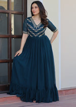 Dazzling Teal Color Blooming Fabric Gown
