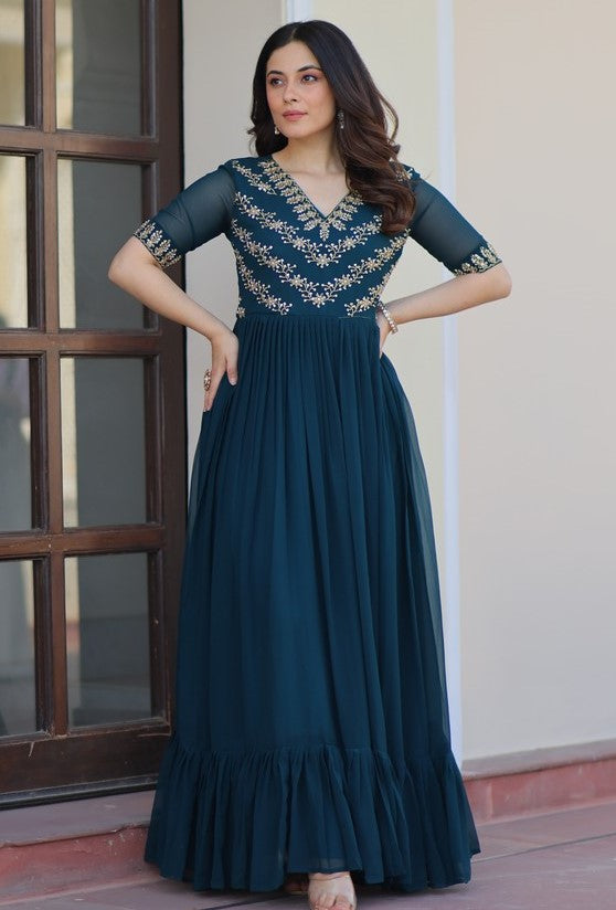 Dazzling Teal Color Blooming Fabric Gown
