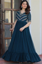 Dazzling Teal Color Blooming Fabric Gown