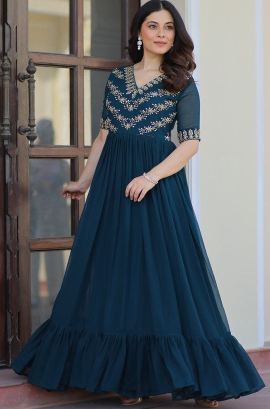 Dazzling Teal Color Blooming Fabric Gown