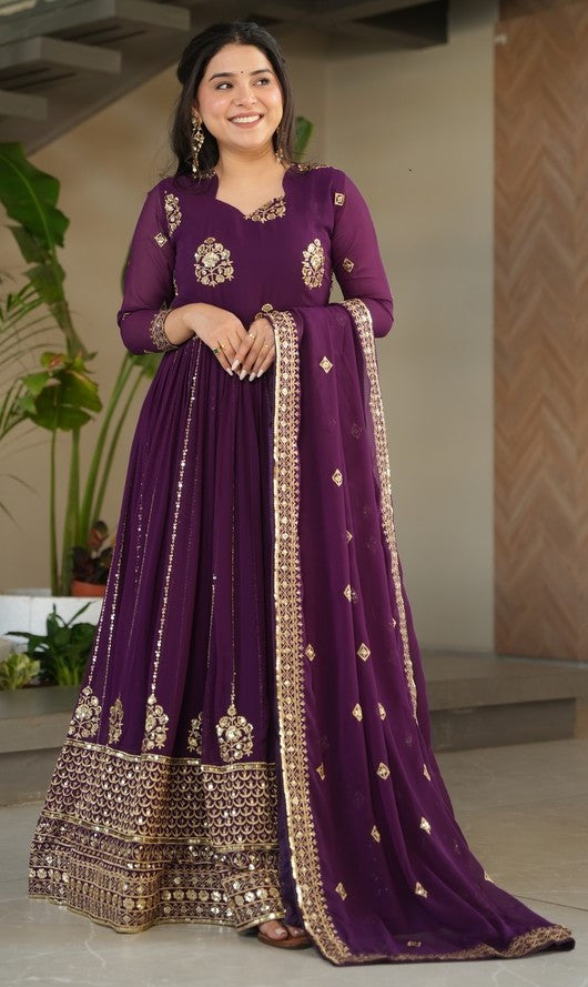 Beautiful Wine Color Blooming Fabric Gown