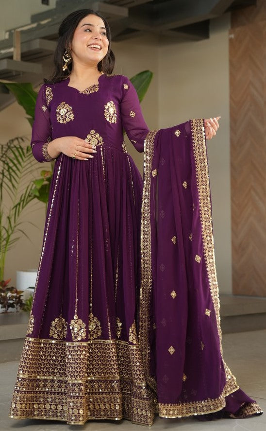 Beautiful Wine Color Blooming Fabric Gown