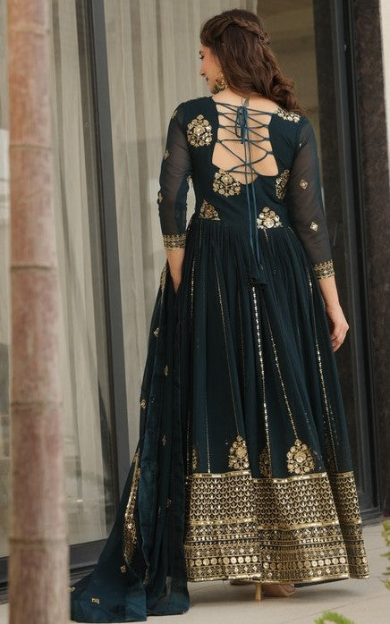 Beautiful Teal Color Blooming Fabric Gown