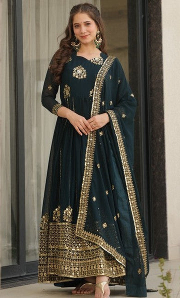 Beautiful Teal Color Blooming Fabric Gown
