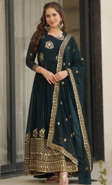 Beautiful Teal Color Blooming Fabric Gown