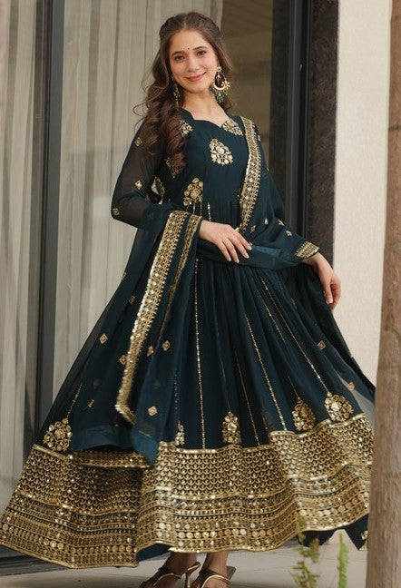 Beautiful Teal Color Blooming Fabric Gown