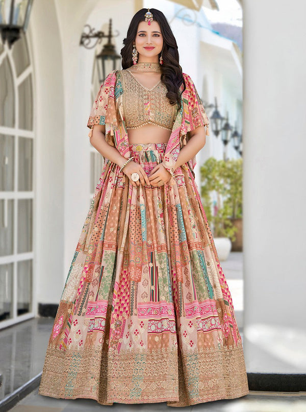 Amazing Beige Color Chinon Fabric Party Wear Lehenga