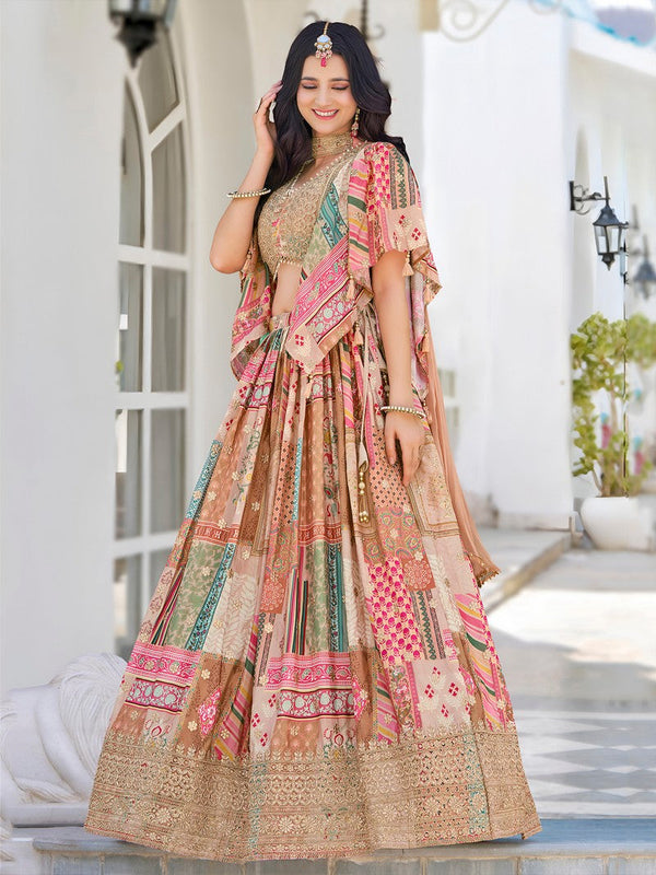 Amazing Beige Color Chinon Fabric Party Wear Lehenga