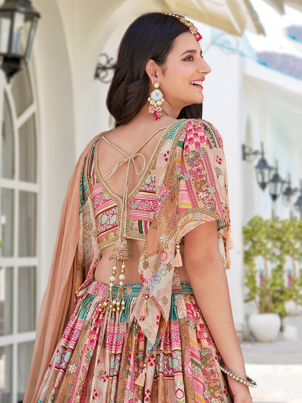 Amazing Beige Color Chinon Fabric Party Wear Lehenga