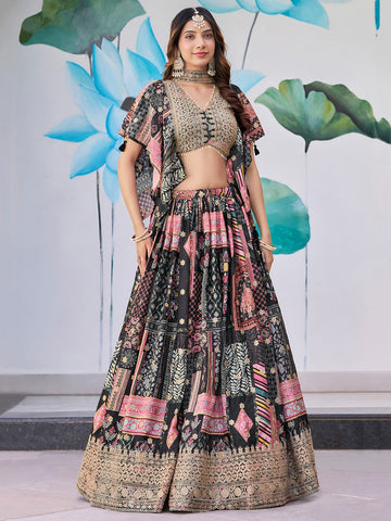 Amazing Black Color Chinon Fabric Party Wear Lehenga