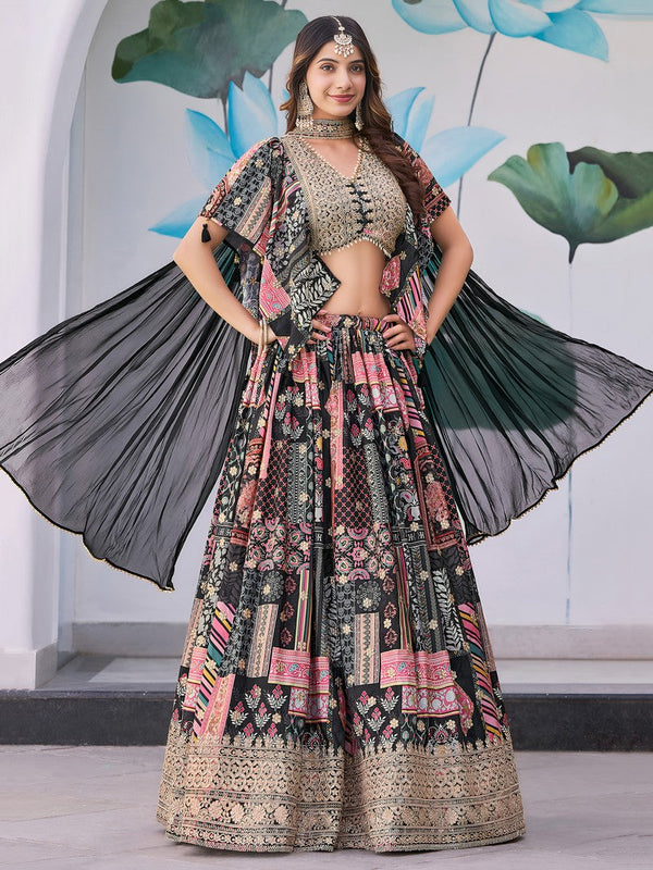 Amazing Black Color Chinon Fabric Party Wear Lehenga