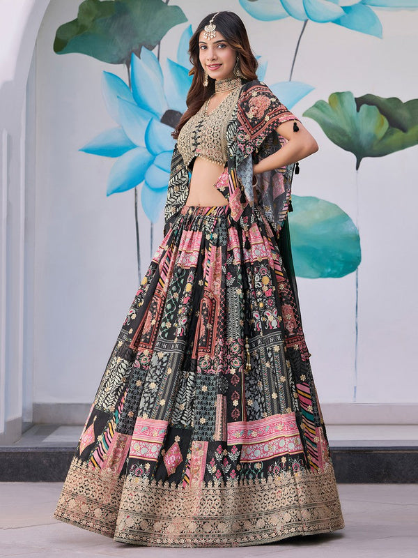 Amazing Black Color Chinon Fabric Party Wear Lehenga