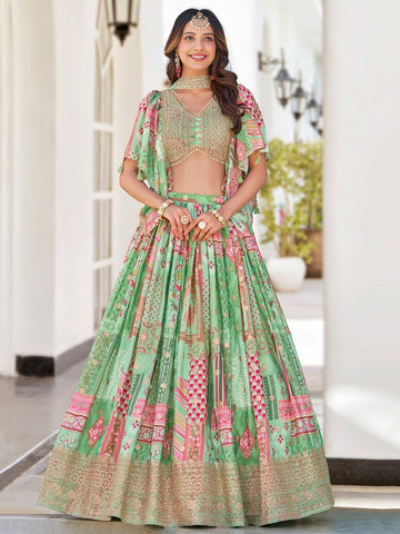 Amazing Green Color Chinon Fabric Party Wear Lehenga