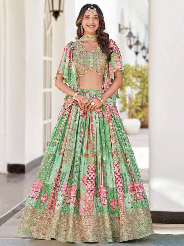 Amazing Green Color Chinon Fabric Party Wear Lehenga