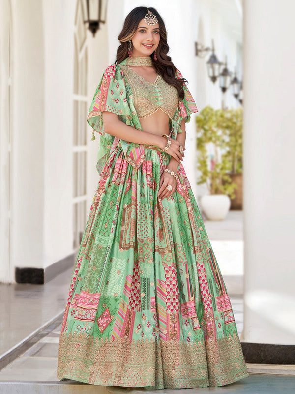 Amazing Green Color Chinon Fabric Party Wear Lehenga
