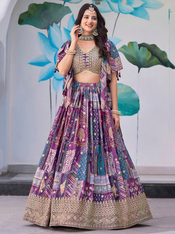 Amazing Purple Color Chinon Fabric Party Wear Lehenga
