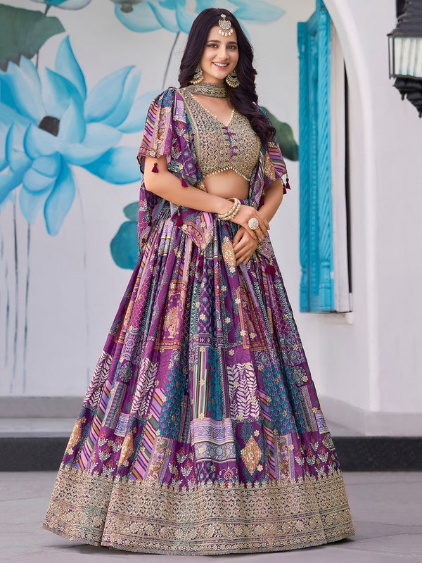Amazing Purple Color Chinon Fabric Party Wear Lehenga