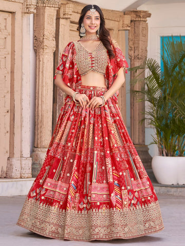 Amazing Red Color Chinon Fabric Party Wear Lehenga