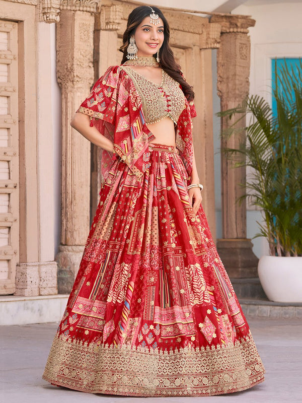 Amazing Red Color Chinon Fabric Party Wear Lehenga