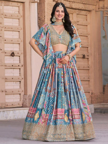 Amazing Aqua Color Chinon Fabric Party Wear Lehenga