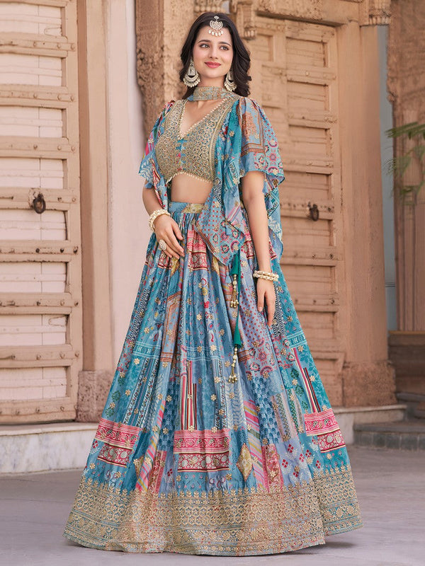 Amazing Aqua Color Chinon Fabric Party Wear Lehenga