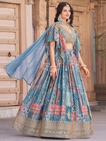 Amazing Aqua Color Chinon Fabric Party Wear Lehenga