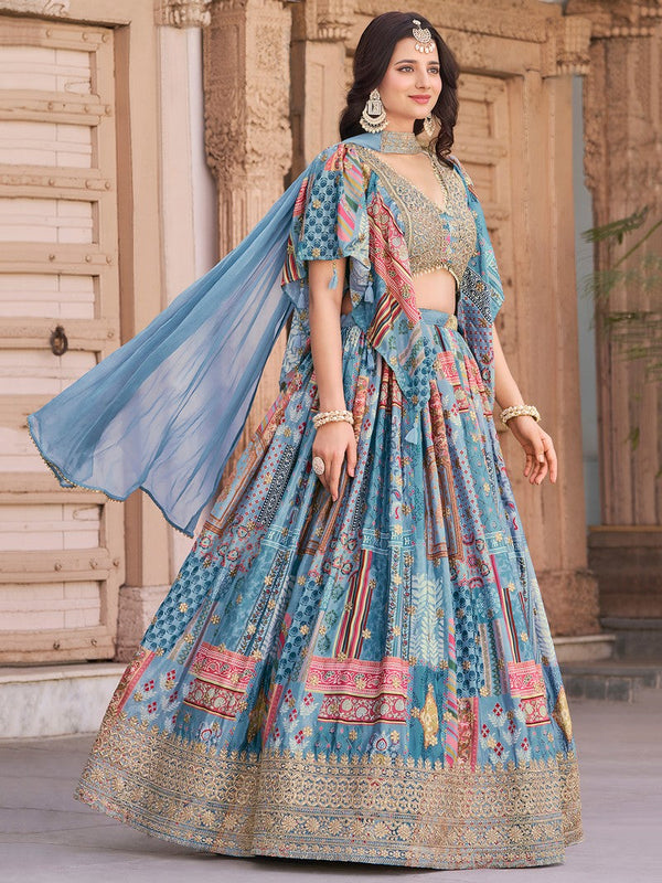 Amazing Aqua Color Chinon Fabric Party Wear Lehenga