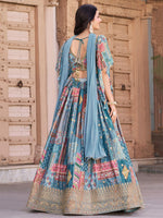 Amazing Aqua Color Chinon Fabric Party Wear Lehenga