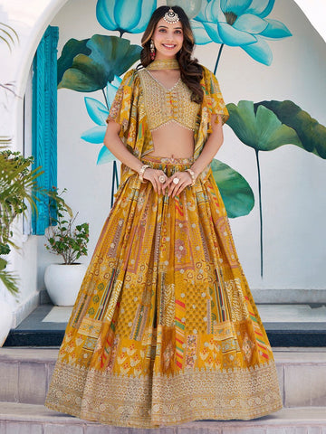 Amazing Yellow Color Chinon Fabric Party Wear Lehenga