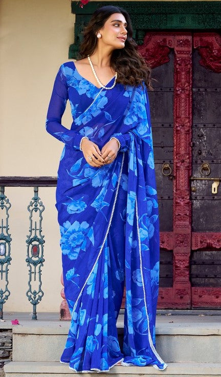 Pretty Blue Color Chiffon Fabric Casual Saree