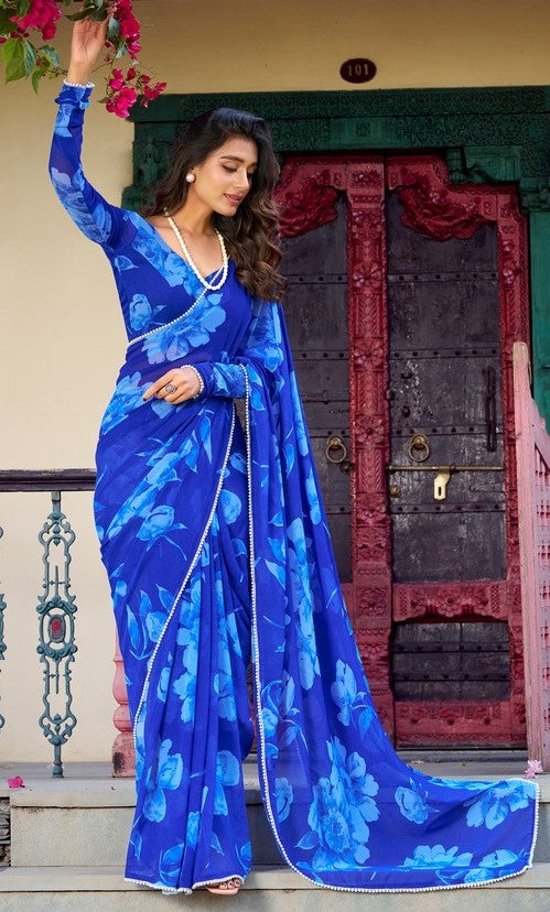 Pretty Blue Color Chiffon Fabric Casual Saree