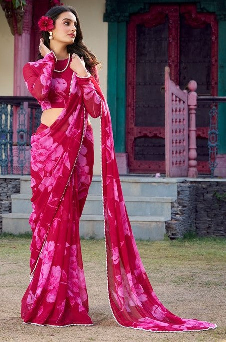 Pretty Red Color Chiffon Fabric Casual Saree