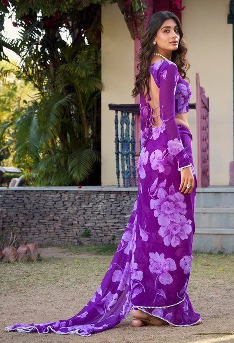 Pretty Purple Color Chiffon Fabric Casual Saree
