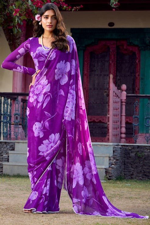 Pretty Purple Color Chiffon Fabric Casual Saree