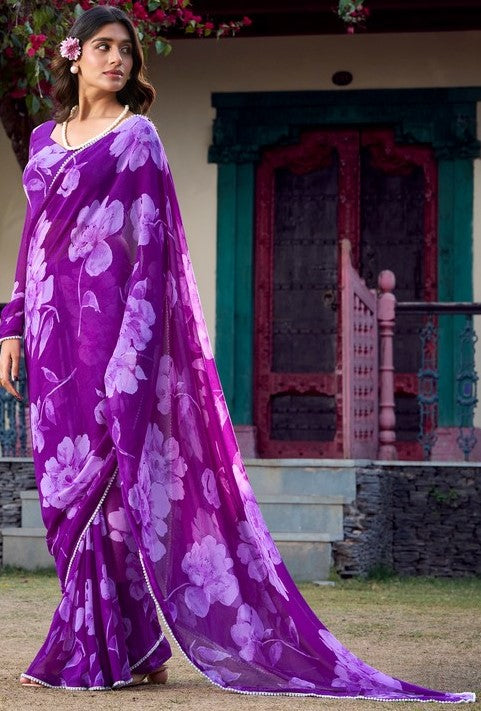Pretty Purple Color Chiffon Fabric Casual Saree