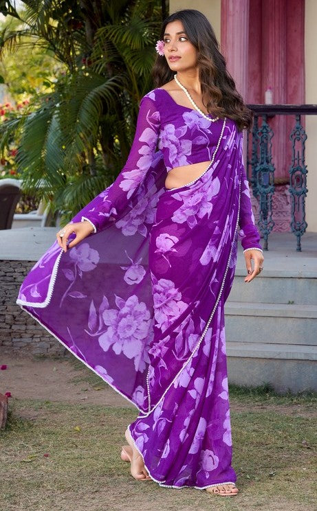 Pretty Purple Color Chiffon Fabric Casual Saree