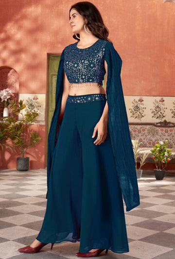 Dazzling Teal Color Georgette Fabric Cord Set