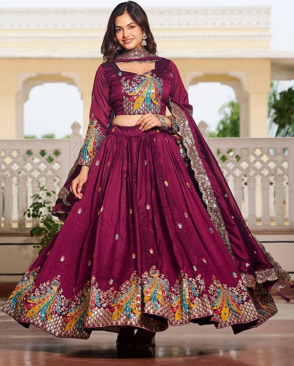 Magnetic Voilet Color Vichitra Fabric Party Wear Lehenga