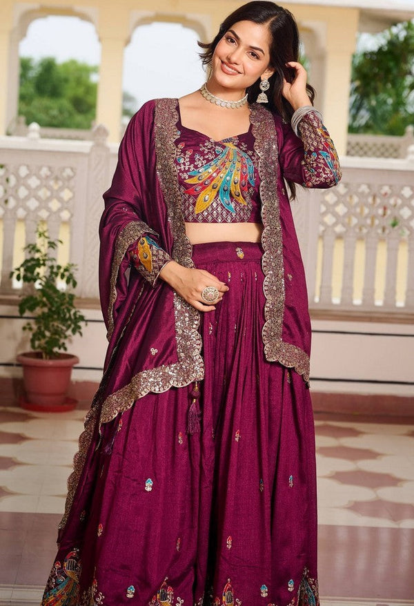 Magnetic Voilet Color Vichitra Fabric Party Wear Lehenga