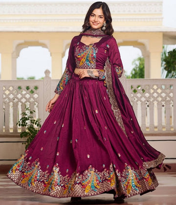 Magnetic Voilet Color Vichitra Fabric Party Wear Lehenga