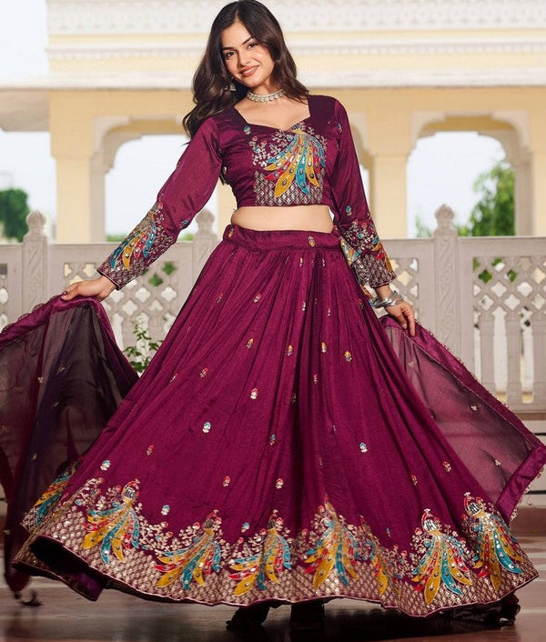 Magnetic Voilet Color Vichitra Fabric Party Wear Lehenga