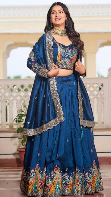 Magnetic Teal Color Vichitra Fabric Party Wear Lehenga