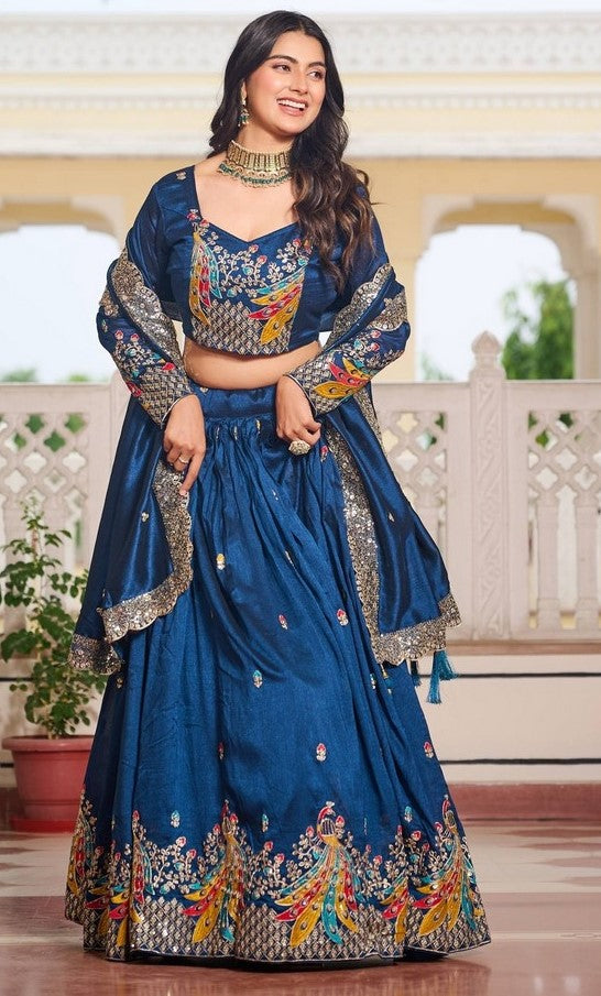 Magnetic Teal Color Vichitra Fabric Party Wear Lehenga