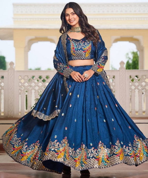 Magnetic Teal Color Vichitra Fabric Party Wear Lehenga