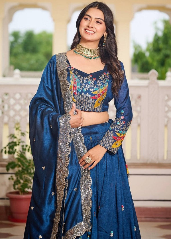 Magnetic Teal Color Vichitra Fabric Party Wear Lehenga