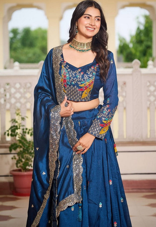Magnetic Teal Color Vichitra Fabric Party Wear Lehenga