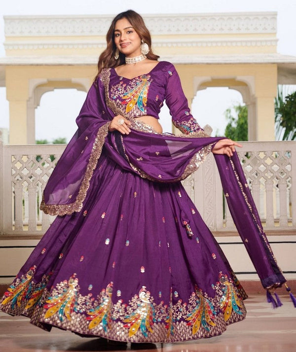 Magnetic Purple Color Vichitra Fabric Party Wear Lehenga
