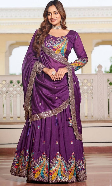 Magnetic Purple Color Vichitra Fabric Party Wear Lehenga