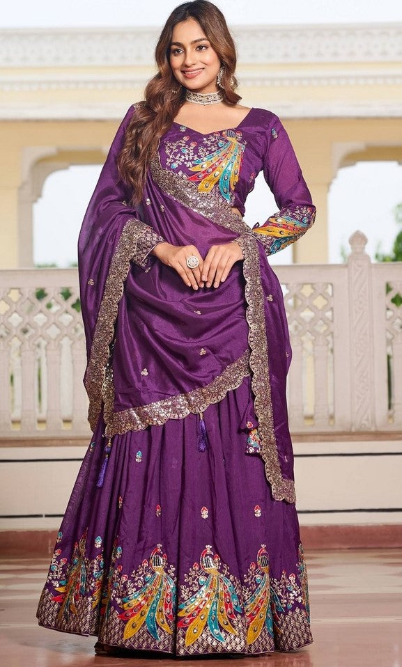 Magnetic Purple Color Vichitra Fabric Party Wear Lehenga